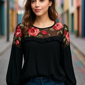 Thalia‎ Sodi Floral Embroidered Mesh Top Ruffle Trim Long Sleeve Black L/G Nwot